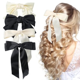 TOPBELIEF Pack of 4 Hair Bows Hair Bows Girls French Hair Clip Bow Hair Clips with Bow Elegant Satin Hair Accessories for Hair Decoration Accessories Black Beige