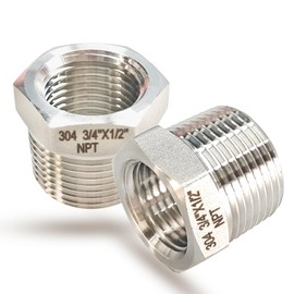 3/4" NPT Male to 1/2" NPT Female Hex Bushing Reducer, 304 Stainless Steel NPT Reducing Bushing Adapter Pipe Fitting, Heavy Duty Pipe Hex Bushing for Reducing Pipe (3/4” MNPT x 1/2” FNPT)