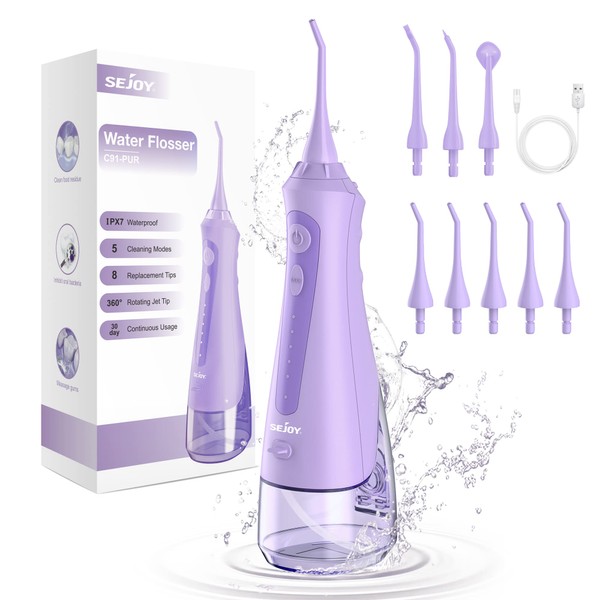 Sejoy Water Flossers, Water flosser for Teeth Cleaning, Water Flosser for Teeth Rechargeable Cordless, Electric Portable, 5 Cleaning Modes 8 Jet Tips, IPX7 Waterproof, 230ml, for Travel and Home