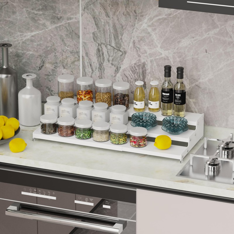 Wobmmi Expandable Spice Rack Storage organizer with 3-Tier step shelf