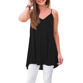 WNEEDU Women's Summer Spaghetti Strap Tunic Casual Sleeveless V-Neck T-Shirt Tank Tops Blouse(Black,2XL)