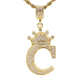 UALGL A-Z Letters Necklace Crown Necklace for Men Women 18K Gold Plated Letters Pendants with 23'' Chain Hip Hop Alphabet Name Jewelry Mom Gifts (Yellow-C)