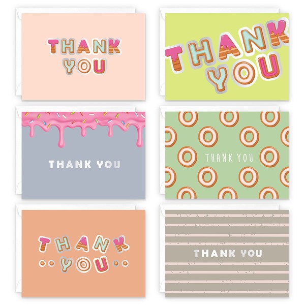 24 Easykart Blank Thank You Cards with Envelopes , 6 Donut Theme Designs 5.5" x 4" Size , Suitable for Baby Shower Thanks, Wedding and For All Occasions