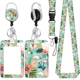 ID Badge Holder with Lanyard, Retractable Badge Reel with Swivel Belt Clip, Detachable Lanyard Name Card Tag Vertical ID Protector Badge Reel for Nurse Doctor Office Employees (Colorful Flowers)