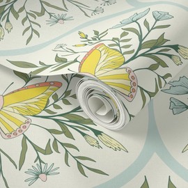 Peel & Stick Wallpaper Swatch - Pastel Vintage Flowers Butterflies Butterfly Spring Garden Custom Removable Wallpaper by Spoonflower