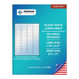 Premium Label Supply Glossy White Sticker Return Address Labels – 1.75" x 0.5" – (80 per Sheet) (Glossy White for Laser Only, 2,000 Labels)