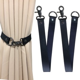 Leather Curtain Tiebacks, Synthetic Leather Drapery Tie Backs Skull Decorative Curtain Holdbacks Rope Belt Buckle for Modern Vintage Farmhouse Style Curtain Tieback 2 Pack (Black)