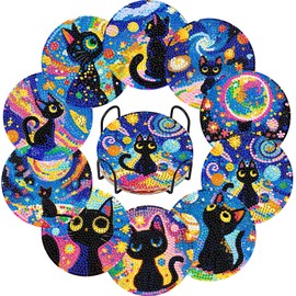 Pack of 10 diamond painting coasters with holder, cat diamond painting coasters with holder, diamond painting for crafts, for beginners, birthday gift for adults and children