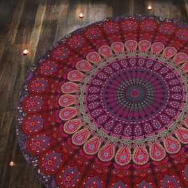 RAJRANG BRINGING RAJASTHAN TO YOU 72 inch Round Peacock Tapestry Psychedelic Mandala Roundie Tablecloth Boho Chic Cotton Throws for Picnic and Camping - Pink and Purple