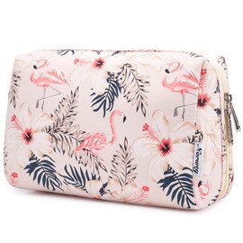 Large Make-up Bag, Zip Pocket, Travel Cosmetic Organiser for Women and Girls, Beige flamingo