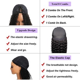 draconenee Curly V Part Wigs Human Hair Upgrade U Part Wig Human Hair Wigs for Black Women Glueless V Part Jerry Curly Wig Wear And Go No Leave Out 180% Density Natural Black Color 24 inch