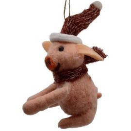 OnHoliday Wool Felt Barnyard Farm Animal Pink Pig in Red Santa Hat and Scarf Hat Above Ears Style A Hanging Christmas Tree Ornament