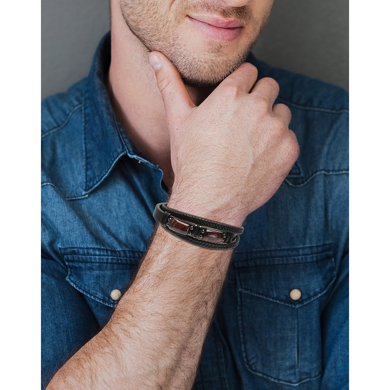 Edulex Mens Cuff Yellow Brown Tiger Eye Bracelet - Stainless