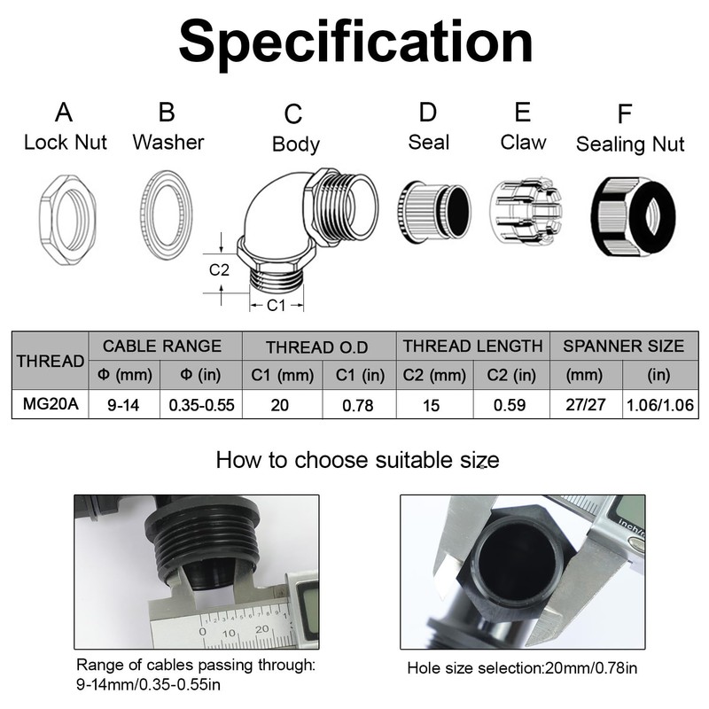 LeMotech M20 Cable Gland, 90 Degree Adjustable 9-14mm Strain Relief,