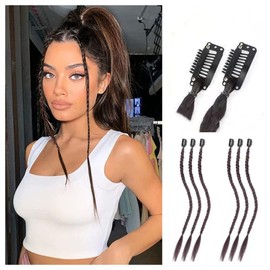 Clip in Braid Hair Extensions 6PC Baby Braids 18Inch Long Curtain Front Side Bang Natural Soft Synthetic Hairpieces for Women Kids Girls (Dark Brown)