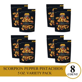 Setton Farms Pistachios, 8 Pack of Scorpion Pepper Extreme Flavor Naturally Seasoned No Shell Pistachio Nuts, 5oz Resealable pouches, Non-GMO Project Verified, Gluten Free, Vegan, Kosher (Pack of 8)