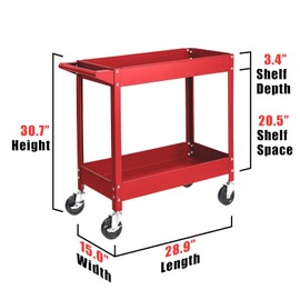 BIG RED Steel Rolling Service Tool Cart with 2 Tires, Heavy Duty Utility Cart on Wheels with Two Brake for Office，Kitchen，Warehouse,300 lbs Capacity,Red