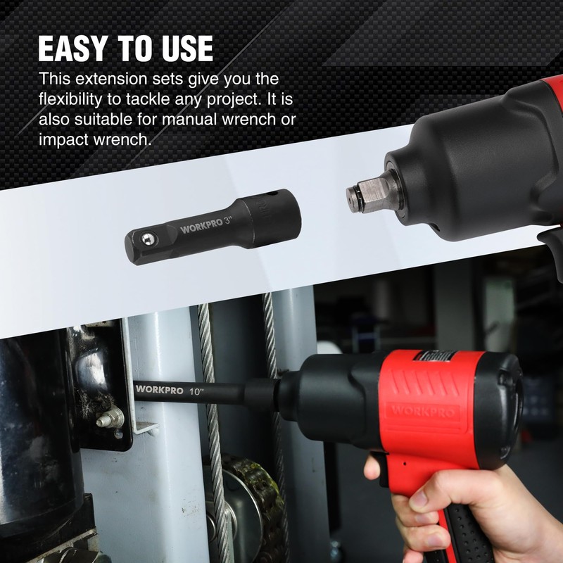 WORKPRO 3/8" Drive Impact Extension Bar Set, 3 PCS Socket