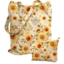 Miss Adola 2 Pack Aesthetic Corduroy Tote Bag - with Corduroy Makeup Pouch Bag for Women Sunflower Reusable Grocery Bag with Buckle Shoulder Bag for Gym, Travel, Work