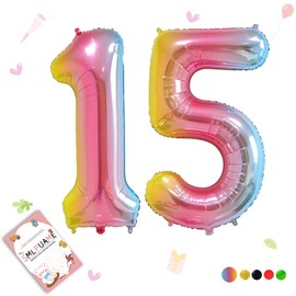 Smlpuame 40 Inch Number Balloons 0-9 Rainbow Gradient Large Number 15 Balloons, Digital Balloons for Birthday Party Celebration Decorations, Helium Foil Number Balloons for Wedding Anniversary