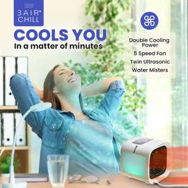 3AIR CHILL | Personal Air Cooler | Portable Mini Evaporative Air Conditioner | Five Speed Fan | Twin Water Misters | Soothing Nightlight | Leak Proof Tank | Desk, Nightstand, Countertops, Tent, R/V