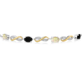 1.49 Ct Oval Cabochon White Ethiopian Opal Black Onyx 925 Silver and 10K Yellow Gold Lab Grown Diamond Infinity Bracelet For Women Mother's Mom Wife Her, Fully Adjustable Up to 7.5 Inch)