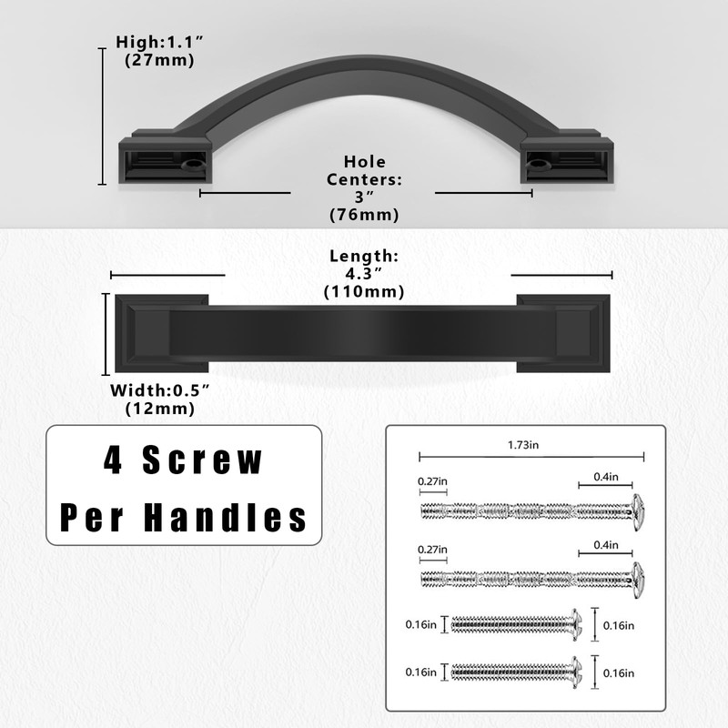 Asimerdeco 10 Pack Matte Black Cabinet Pulls 3 Inch(76mm) Kitchen
