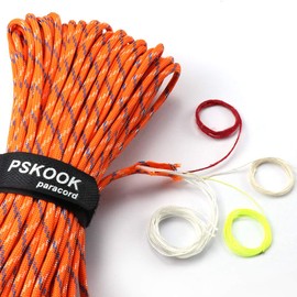 Survival Paracord Rope PSKOOK 100 Feet Fire Starter Parachute Cord 7-Strand Nylon with Red Tinder Cord PE Fishing Line Cotton Thread for Outdoor Lanyards, Bracelets, Handle Wraps (Orange Camo)