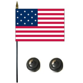 Made in the USA. 2 Historical 15-Star American 4"x6" Miniature Desk & Table Flags Includes 2 Flag Stands & 2 Historical 15-star, 15-stripe Star Spangled Banner Small Mini Stick Flags