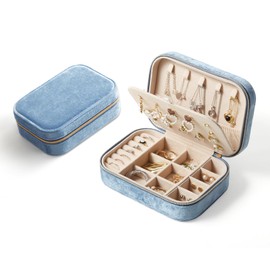 CASEGRACE Plush Velvet Travel Jewelry Box, Portable Jewelry Case for Women Girls, Double Layer Jewelry Organizer Display Box for Necklace Earring Rings Bracelet, Travel Accessory Gifts, blue
