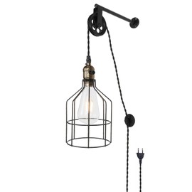Alpinaluz Industrial Vintage Style Pendant Light with Cable, Plug and Switch, with Cage and Pulley, Height Adjustable, E27 Metal, Black