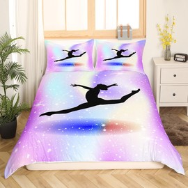 Gymnastics Lover Bedding Set for Girls, Rainbow Pastel Comforter Cover Dancer Silhouette Duvet Cover Single Gymnastics Room Decor Galaxy Gradient Sparkle Bedspread Cover for Kids Teens Women Bedroom