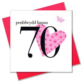 Claire Giles Hearts and Stars Welsh Penblwydd Hapus Happy 70th Birthday Card - Pink WHNS49, 16 x 1 x 16 cm