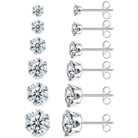 6 Pairs Earrings Set, 316L Surgical Steel Earrings for Men and Women, Cubic Zirconia Stud Earrings Set, Hypoallergenic Stud Earrings, 3-8 mm, 316L surgical steel and AAA+ zirconia