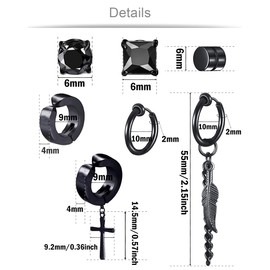 Ofeiyaa 7 Pairs Magnetic Stud Earring Stainless Steel CZ Clip On Earring Non- Piercing Huggie Chain Pendant Earring Feather Hinged Hoop Earrings Set For Women Men Black Tone.