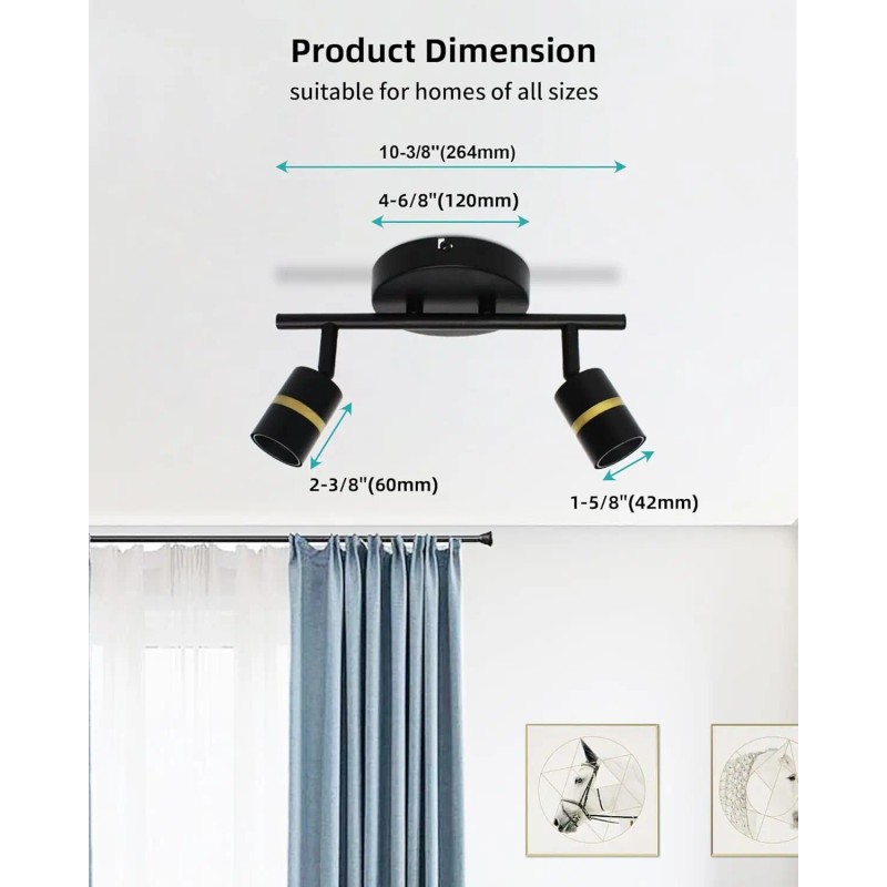 2 Heads Spotlight Adjustable E26 Wall Lamp Surface Mounted Black