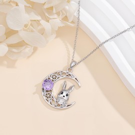 Lvoryance Rabbit Necklace for Women 925 Sterling Silver Cute Bunny with Purple Amethyst in Moon Pendant Necklace for Gifts