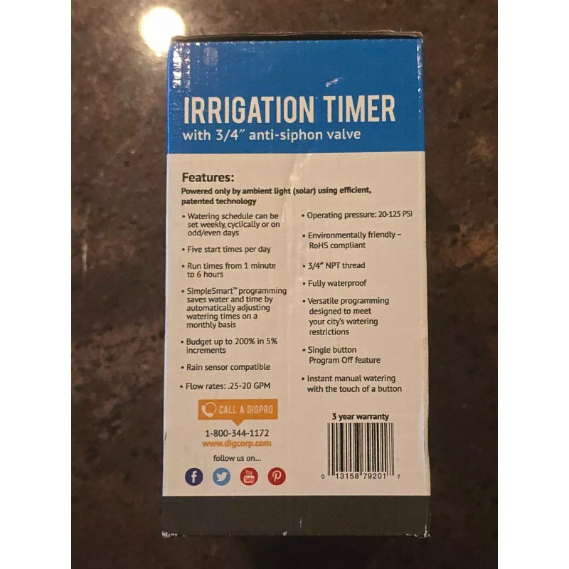 DIG Solar Powered Irrigation Timer Controller with 3/4 inch Anti-Siphon