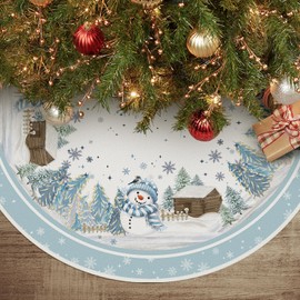 Artoid Mode Blue Snowman Birds Pine Snowflakes Christmas Tree Skirt, 36Inch/91cm Winter Xmas Party Holiday Vintage New Year Tree Mat Cover Decoration