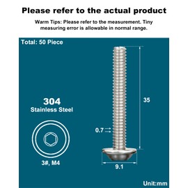 Drenky 50 Pcs M4 Bolts 304 Stainless Steel Pan Head Screws M4 X 35mm Fully Thread Machine Screws with Flat Head, Rustproof, Rounded Head Screws with Flange And Hexagon