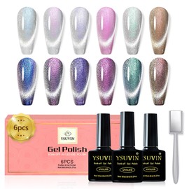 YSUVIN UV Nail Polish Magnetic Set, 6 Colours Cat Magnetic Gel Nail Polish with Magnetic Pen, Pink Silver Sparkle Nail Gel Polish for Beginners DIY Nail Art Manicure Salon