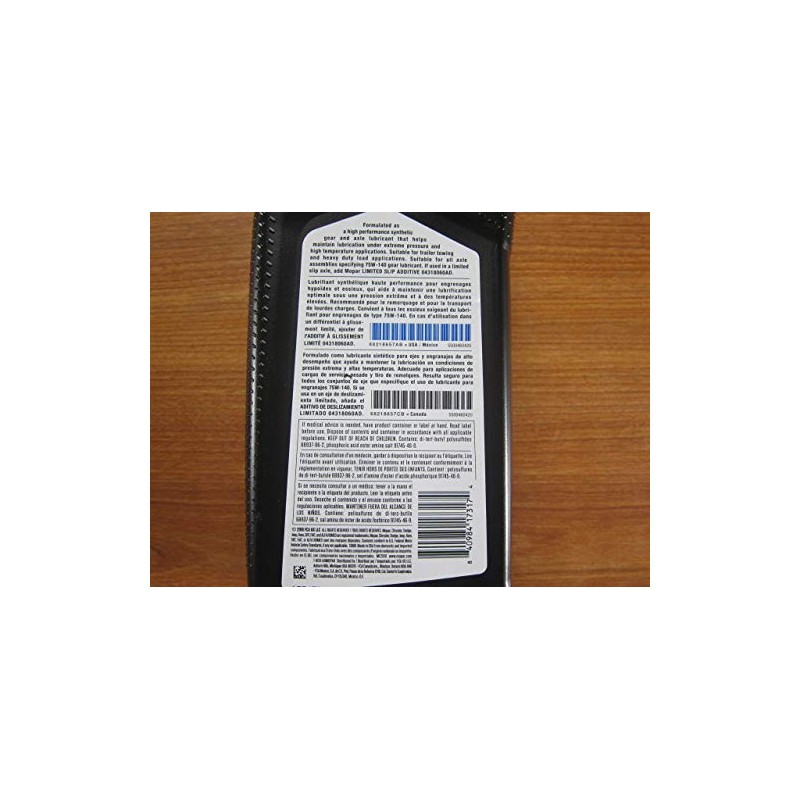 Mopar One Quart SAE 75W-140 Lubricante sintético para engranajes y