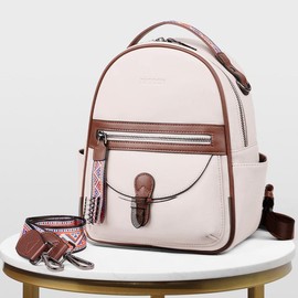 FADEON Mini Backpack Purse for Women, Designer Leather Cute Roomly Small Backpacks, Ladies Shoulder Backpack Fashion Handbag Mini  Women's Backpack - Color: Beige With Brown