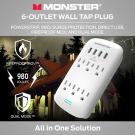 Monster Wall Tap Plug 6-Outlet Extender with Outlet Surge Protector for Home, Travel, Office, Home Appliances, Computers, and Smart Phone Devices – 4 USB Ports, 980J, and ETL Listed