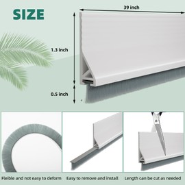 Door Draft Stopper with Brush, 39" Door Sweep for Bottom of Door, Self Adhesive Weather Stripping for Bottom of Door, Under Door Seal Dust/Noise/Hot or Cold Air Insulation, White, 1 Pack