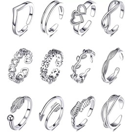 12Pcs Silver Rings Set for Women Adjustable Stackable Rings set for Girls Heart Leaf Rings Set