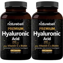 NatureBell 2 Pack Plant Based Hyaluronic Acid Supplements 250mg with 25mg Vitamin C & Biotin 5000mcg, 480 Total Capsules | Essential for Hair Growth, Joint Support, & Hydrating Skin | Non-GMO