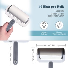 Oiamker Fusselrolle 12 Rollen mit 1 Abroller, Extra Klebrige Fusselrolle Kleidung, Fusselroller für Kleidung, Haare, Katzenhaare, Hundehaare, 60 Blatt/Rollen