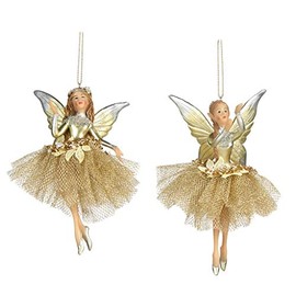Goodwill: Flower Fairy Tulle Resin and Fabric Lace Petal Fairy Champagne Gold 14 Centimeter Christmas Ornament - Set of 2