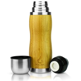 Thermos Flask 350 ml - Bamboo: High Quality Stainless Steel Tea Bottle with Bamboo Cover - Double-Walled Premium Drinking Bottle Lid Can Be Used as Tea Cup BPA Free 12 Hours Warm, Refined